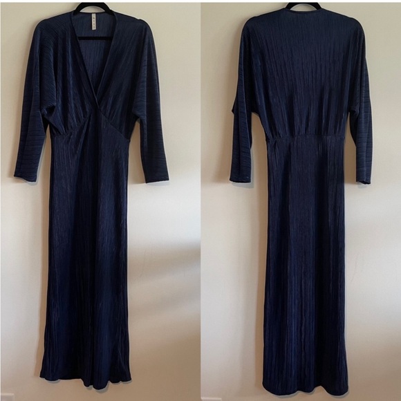 Plisse Long Sleeve Blue Gown - Picture 1 of 9
